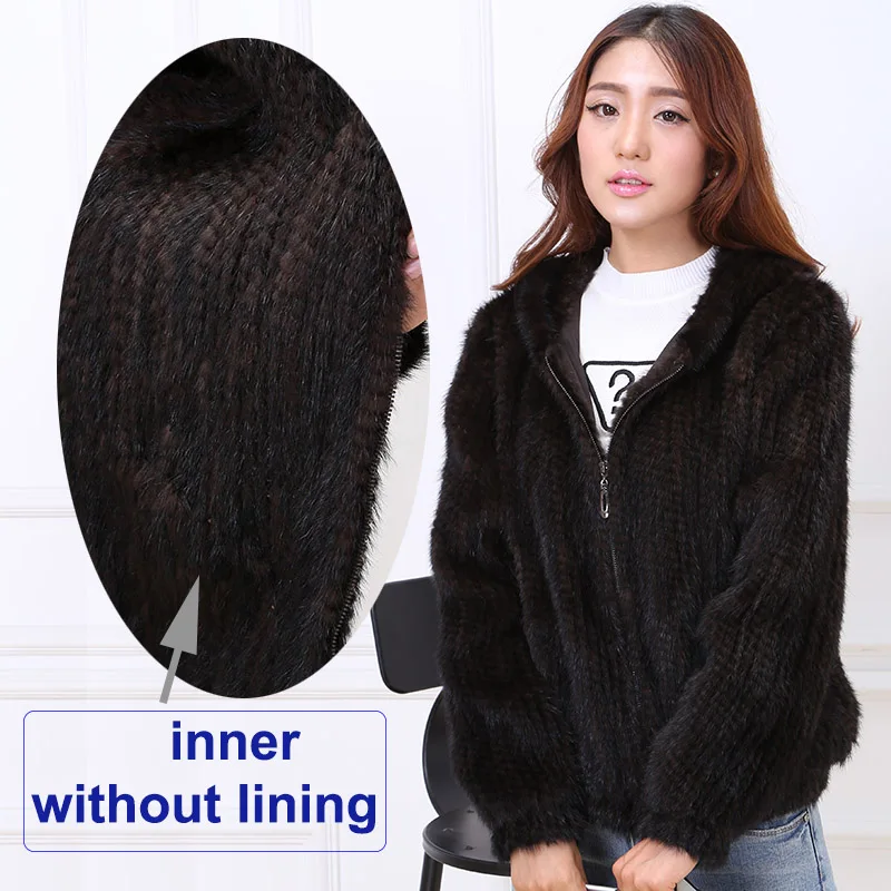 brown coat no lining MS. MinShu ручная вязка шуба из натуральной норки женская меховая куртка зимняя куртка с капюшоном натуральный мех норки - Цвет: brown coat no lining