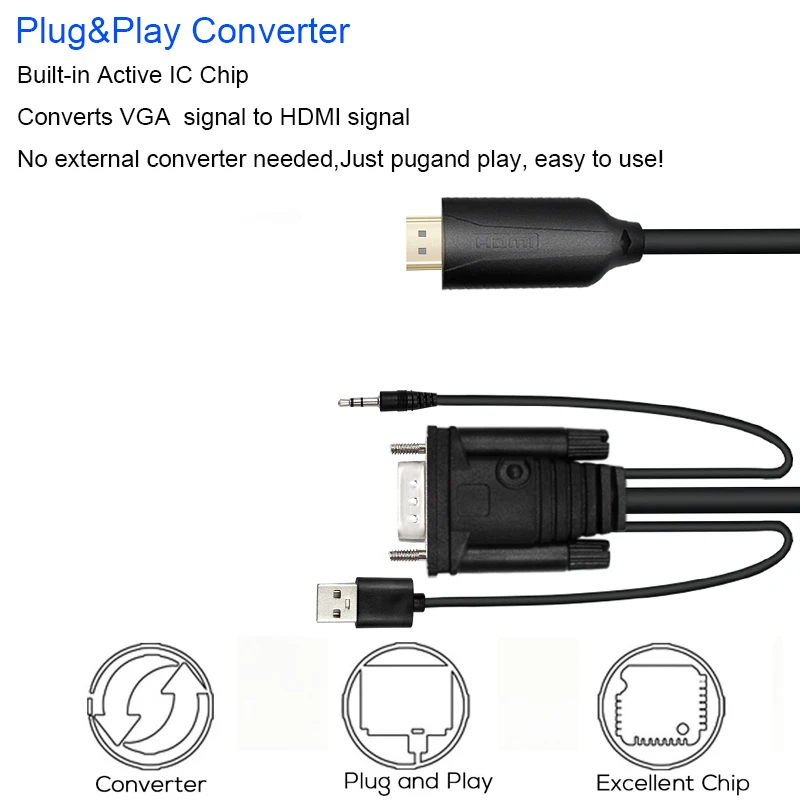 VGA HDMI 15 мужской 15Pin к Кабель адаптер кабель конвертер 5FT 1 8 M HD переключатель