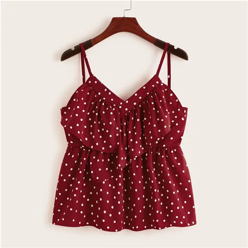 Burgundy COLROVIE Бордовый топ в горошек с оборкой в Корейском стиле, Женский Топ, лето, без рукавов, милый праздник, женские футболки - Цвет: Burgundy