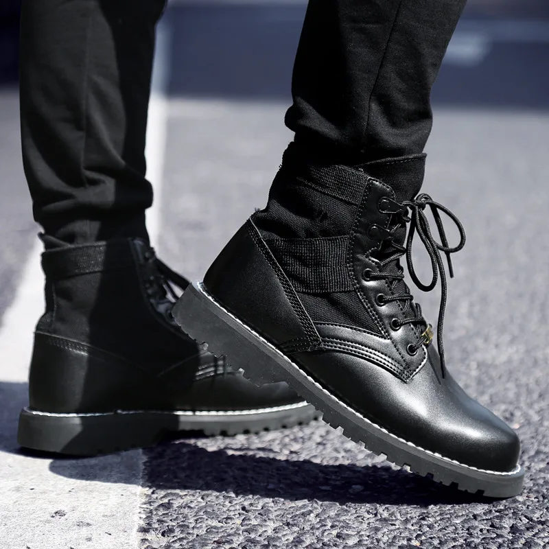 

AKZ Unisex New Arrival Men's Ankle Boots High Quality Pu Leather Male Motorcycle Boots Black Warm Lace-up Men Flats size 35-46