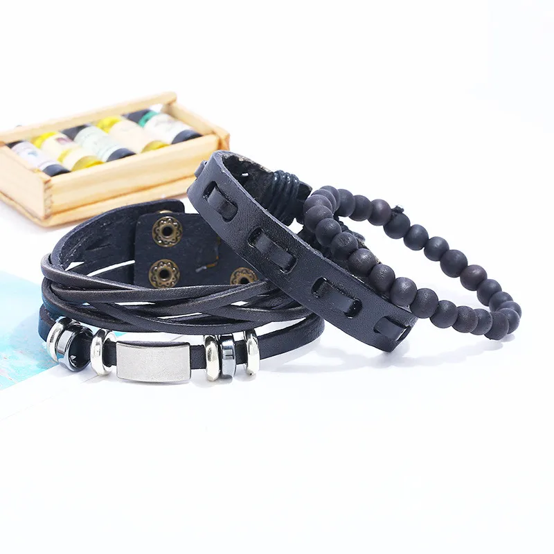 Браслет кожаный многослойный с деревянными бусинами для мужчин и женщин