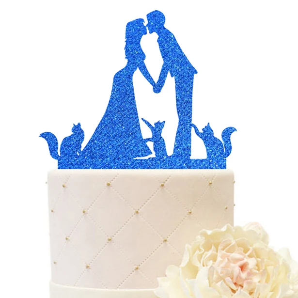 Blue Glitter Свадебный Топпер для торта невесты и жениха с 3 кошками блестящая помолвка юбилей персонализированные кошки торты вечерние украшения - Цвет: Blue Glitter