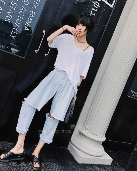 2018 New False Two Jeans Women Trousers Holes Knee Street Light Blue Denim Pants Autumn Wear |
