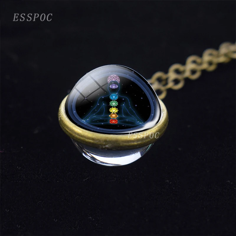 

Crystal Glass Ball Necklace 7 Chakra Symbols Necklace Meditation Healing Double Side Glass Pendant Chakra Jewelry Christmas Gift