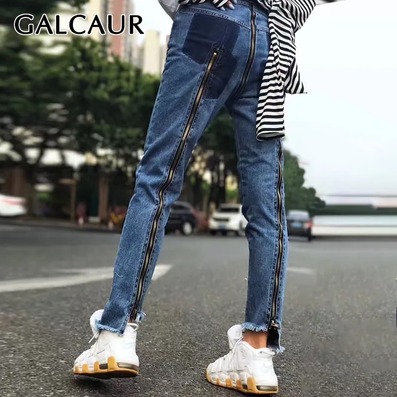 Женские джинсы с завышенной талией GALCAUR корейские длинные брюки асимметричным