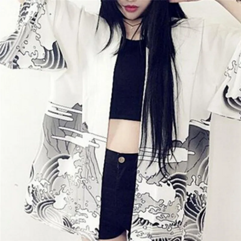 

Винтажный шифоновый кардиган с принтом дракона и волн, солнцезащитное кимоно, верхняя одежда, женская одежда, верхняя одежда