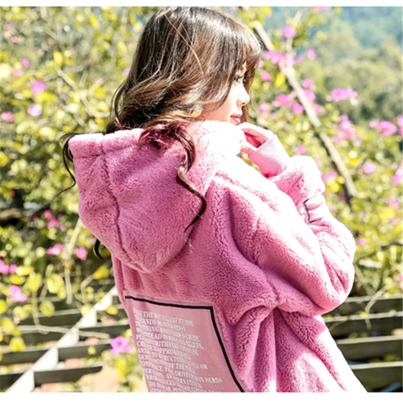 

2018 fashion new women's high quality plus velvet thick hooded hoody women's autumn and winter long loose hairy Coat HJB226