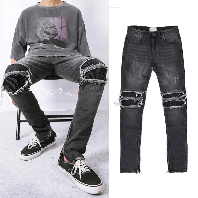 

2018 Latest hip hop justin bieber Side zipper men Jeans kanye west star motorcycle stretch skinny distressed ripped biker jeans