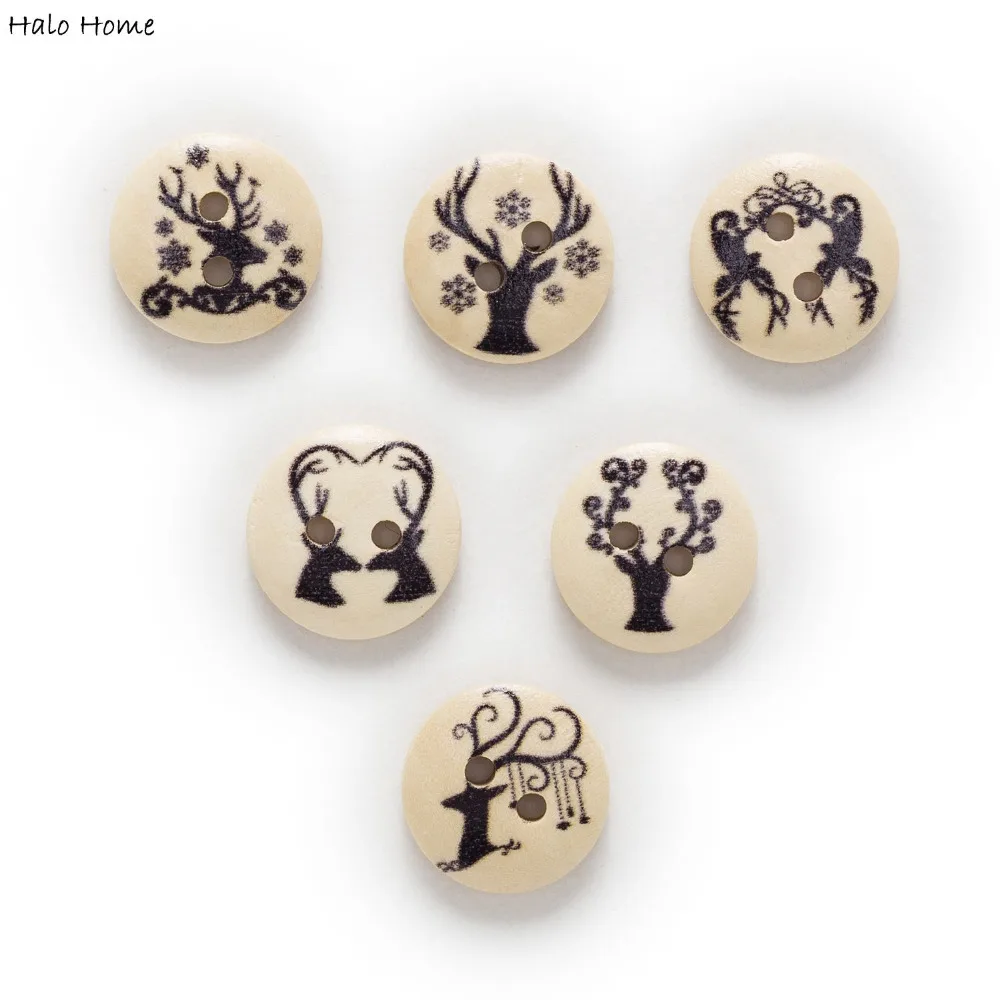 50 шт 2 отверстия черного цвета с принтом рождественского оленя и надписью круглые