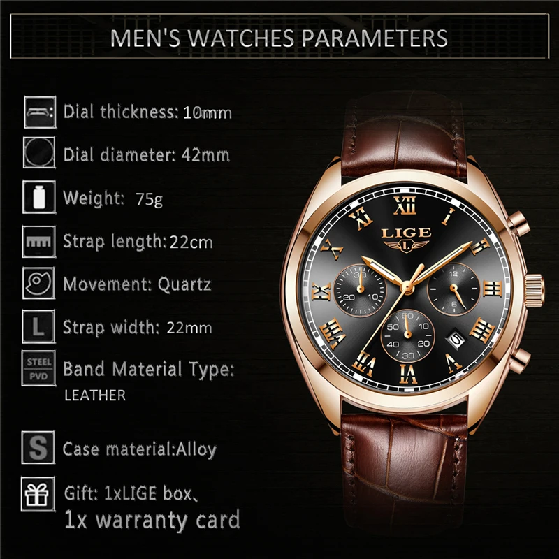LIGE хронограф мужские часы Relogio Masculino коричневые кожаные бизнес Кварцевые