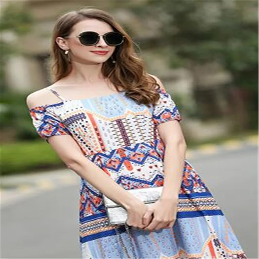 2017 лето женщины beacch dress sexy bohenian slash шеи распечатать мода лодыжки до колена vestidos