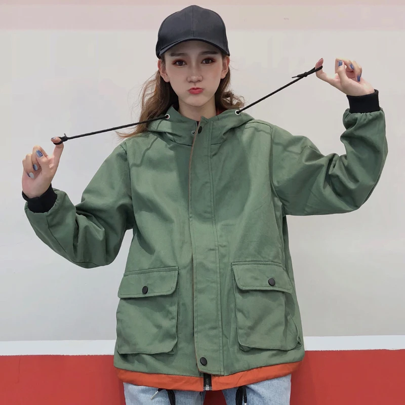 ArmyGreen Plegie Harajuku, Женская куртка с капюшоном в стиле пэчворк, новинка весны, верхняя одежда, пальто в стиле хип-хоп, уличная одежда, BF стильные куртки - Цвет: ArmyGreen