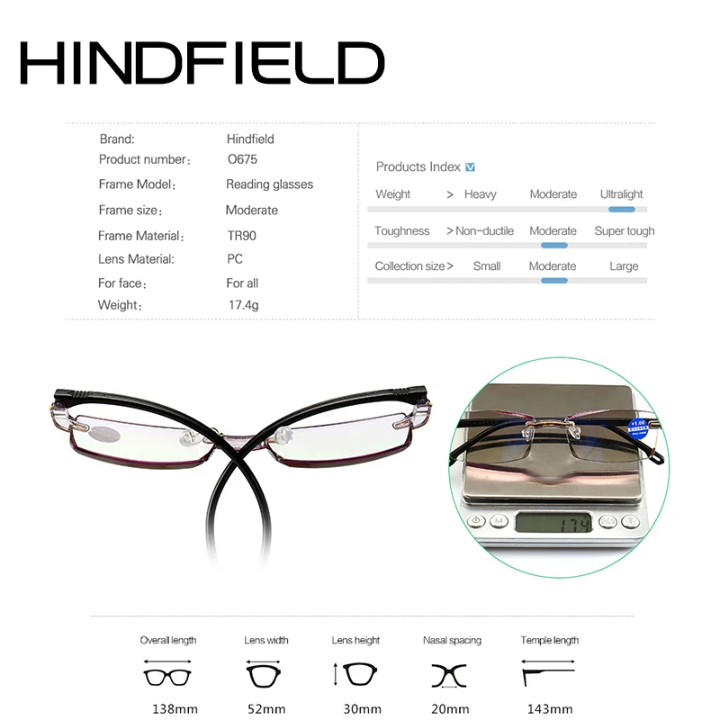 Hindfield Blu ray очки TR90 ультралегкие для чтения мужские без оправы + 100 400 O675|Мужские