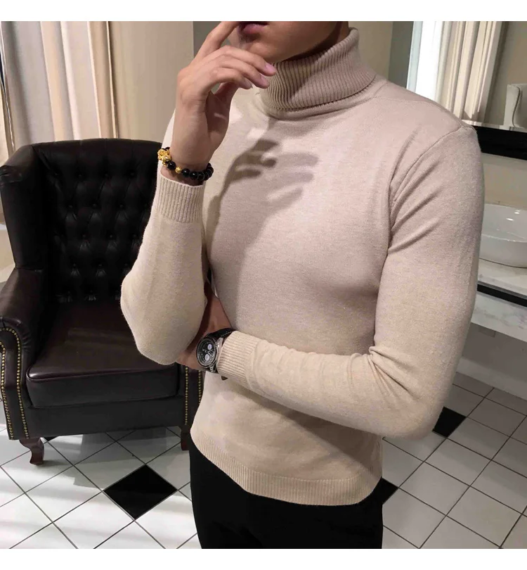 Зимний толстый теплый свитер с высоким воротником, Брендовые мужские свитера с высоким воротом, облегающий пуловер, Мужская трикотажная одежда с двойным воротником S-3XL