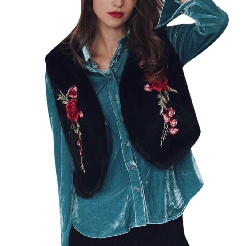 Белый меховой жилет модная Розовая вышивка искусственный мех куртки черный плюс