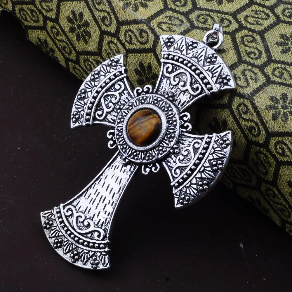 Natural Quartz Stone Beads Cross Pendant Opal Black Onyx Tiger eye Howlite  Free Leather Chains Necklace