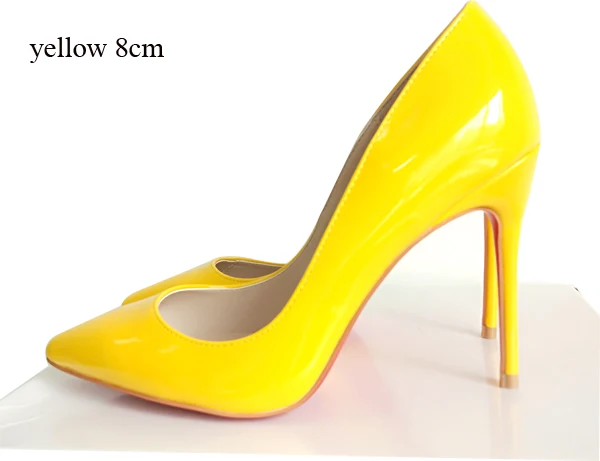 yellow 8cm Высококачественные женские туфли-лодочки из натуральной кожи Свадебные Вечерние туфли на высоком тонком каблуке 8 см, 10 см, 12 см большие размеры 34-45 - Цвет: yellow 8cm