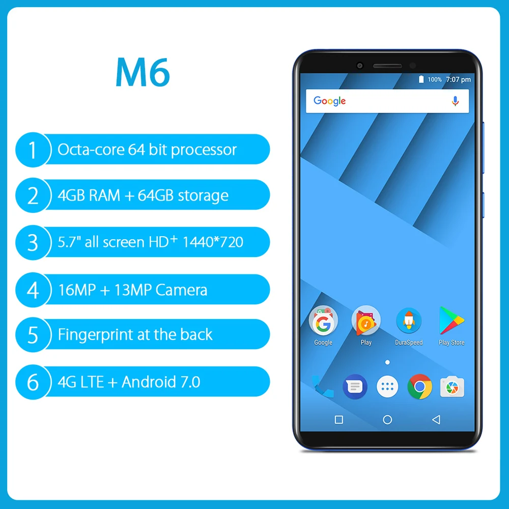 Cмартфон Vernee M6 4 GB 64GB Ultra 5 7 дюйма телефона 4G LTE Android 0 13MP селфи камера 16MP отпечатков