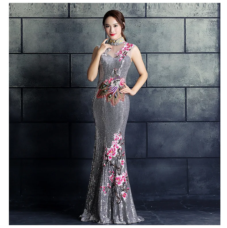 Red Chinese Wedding Dress Female Long Cheongsam Gold Slim Chinese Traditional Dress Women Qipao for Wedding Party embroidery