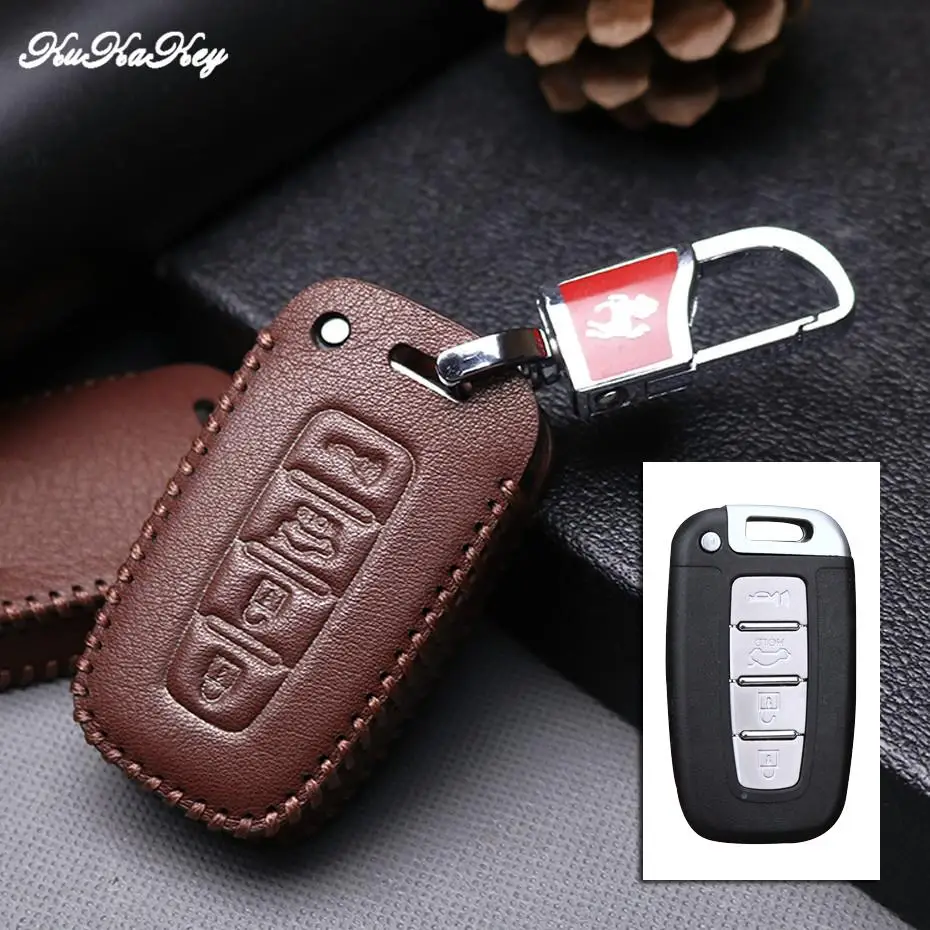 4Button Brown Для hyundai Solaris I30 IX35 туксонский акцент Getz Elantra Sonata Mistra Kona Santa fe кожаный чехол для ключей автомобиля брелоки на сумку Fob - Название цвета: 4Button Brown