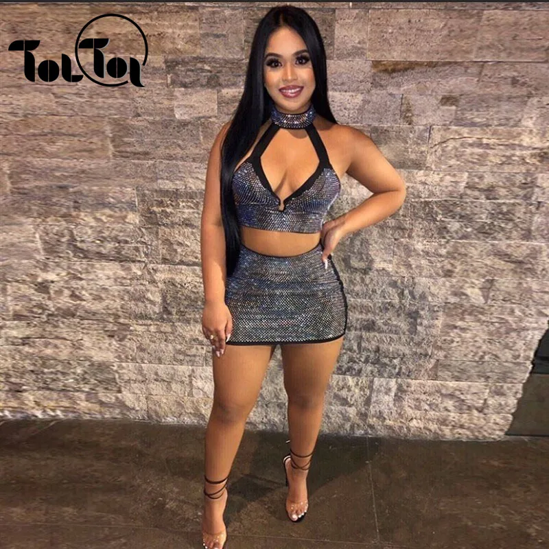 Hot Drilling Bling Women Sexy Dresses Halter Backless 2 Piece Summer V Neck Nightclub Dress Suits | Женская одежда