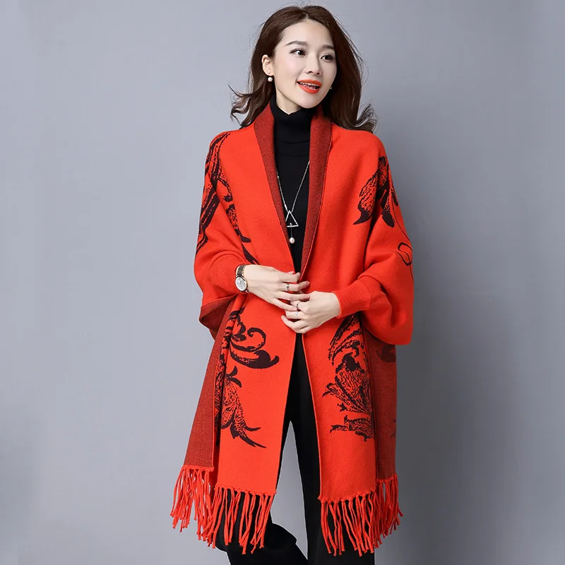 Women's Elegant Loose Tassel Bat Sleeve Autumn Winter Cashmere Knitted Cardigan Sweater Scarf Cape Outwear |