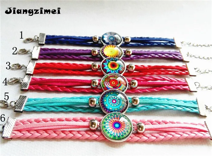 Jiangzimei24pc Bandanna Mandala Flower Glass Cabochon Bracelets Paisley Leather Charm bracelet for women | Украшения и аксессуары