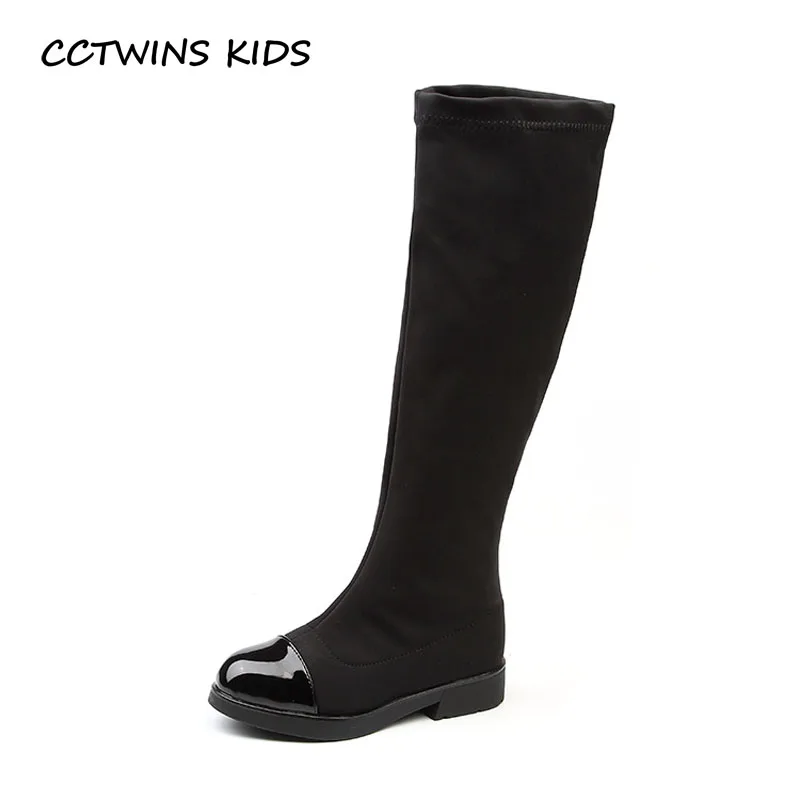 CCTWINS KIDS/ г. Детские брендовые высокие сапоги из эластичной ткани модные детские ботфорты черная обувь для маленьких девочек C1178
