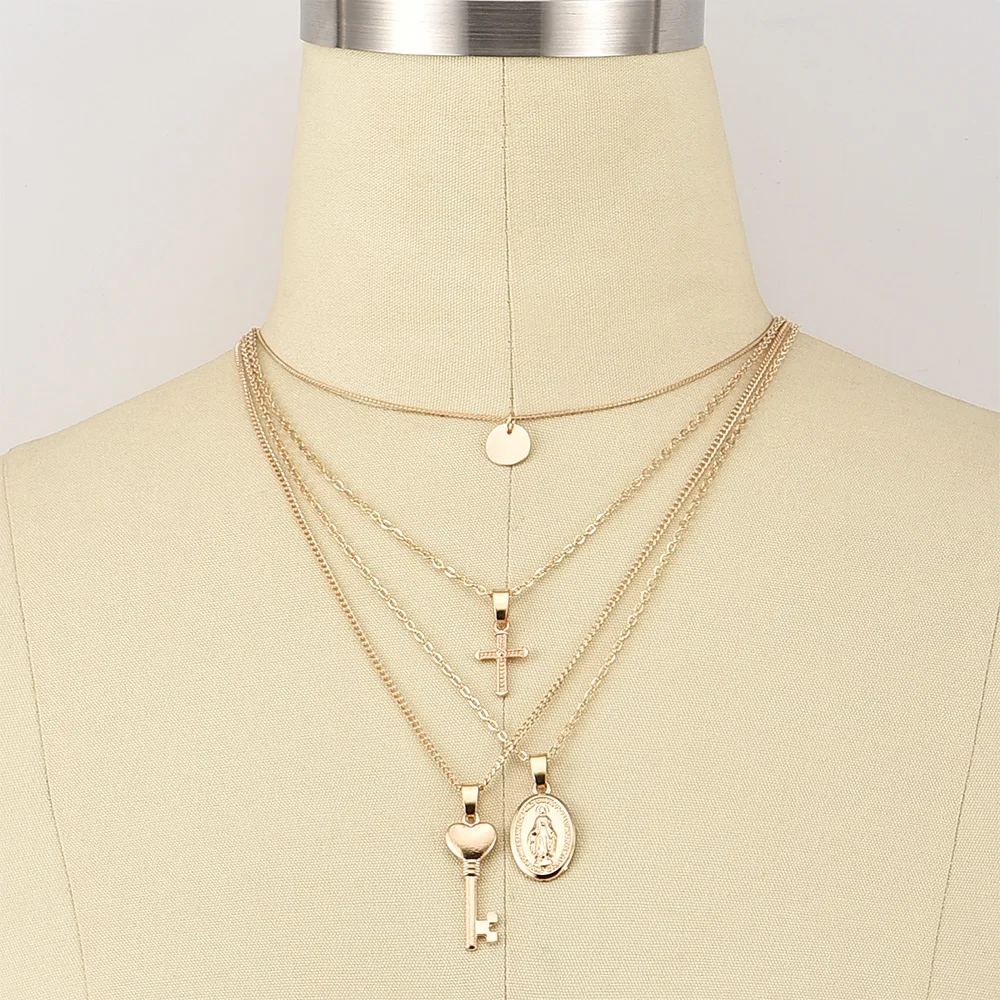 Богемное ожерелье s Retro Cross Virgin Mary Heart Key многослойное с подвеской дамское