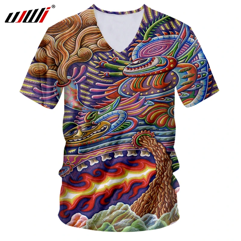 

UJWI Мужская футболка с v-образным вырезом, приталенная 3D Футболка с принтом красочного дракона, одежда больших размеров, мужская летняя футбо...