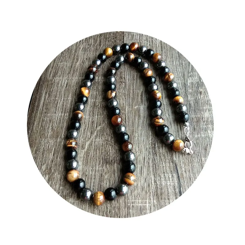 hematite tiger stone Винтажные Модные мужские ювелирные изделия черные матовые бусины природа тигровый глаз камень гематит бусины из вулканического камня цепочка Ожерелье для мужчин - Окраска металла: hematite tiger stone