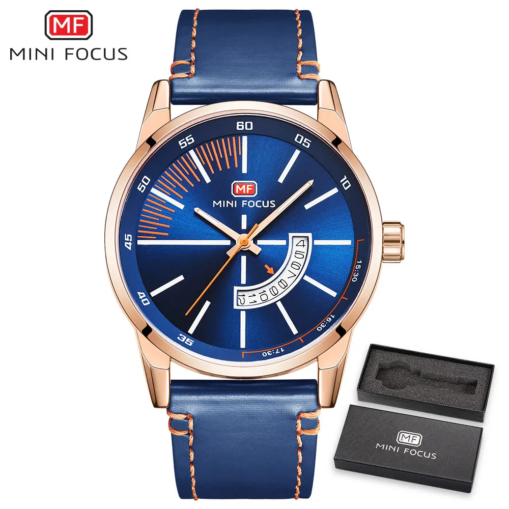 Blue Golden Мужские часы с мини фокусом, мужские кварцевые наручные часы из натуральной кожи, мужские брендовые Роскошные наручные часы с календарем, мужские часы - Цвет: Blue Golden