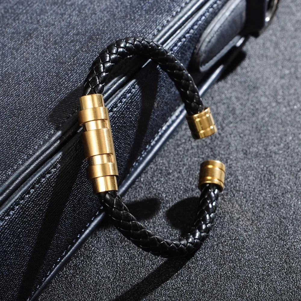 Мужские кожаные браслеты в стиле панк золотистые черные регулируемые из