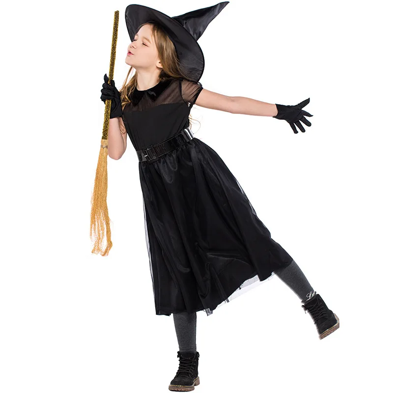 

Children's Day Black Witch Party Dresses Carnival Cosplay Costume Kids Children Girls Halloween Witch Dress+Hat