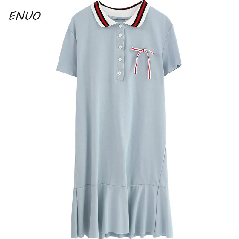 Милое женское платье с отложным воротником и бантом Платье поло на пуговицах