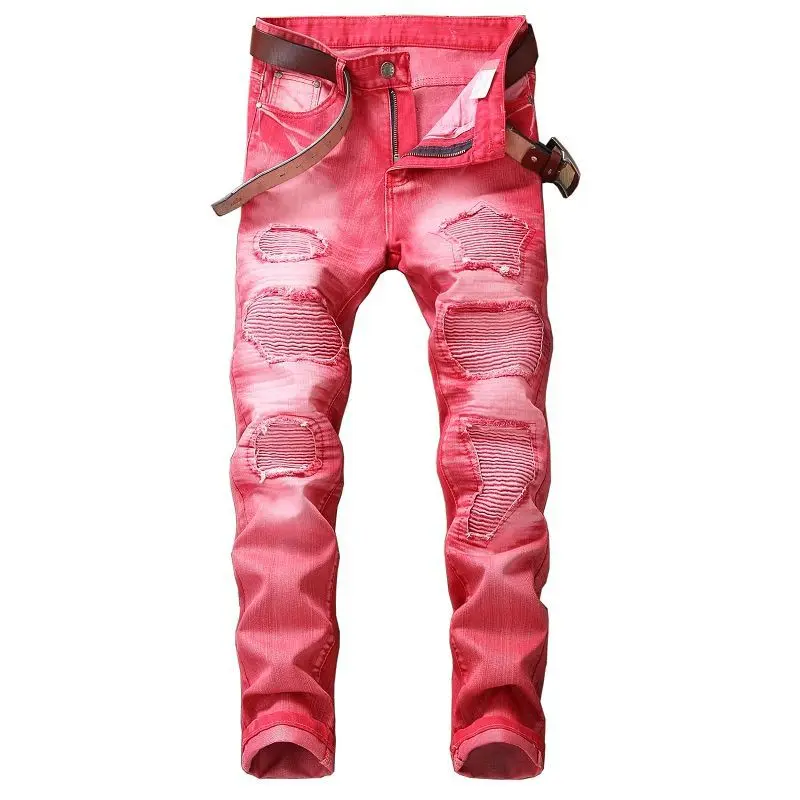 

5color red green New Men's Distressed Ripped Knee pleated skinny Biker Jeans streetwear Hip Hop Motorcycle Casual Denim trousers