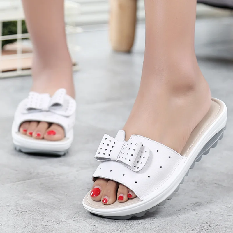

Women Summer Sandals shoes Leather Slip on Wedge Sandals Ladies Sweet butterfly knot Slippers Cut out Breathable Slides