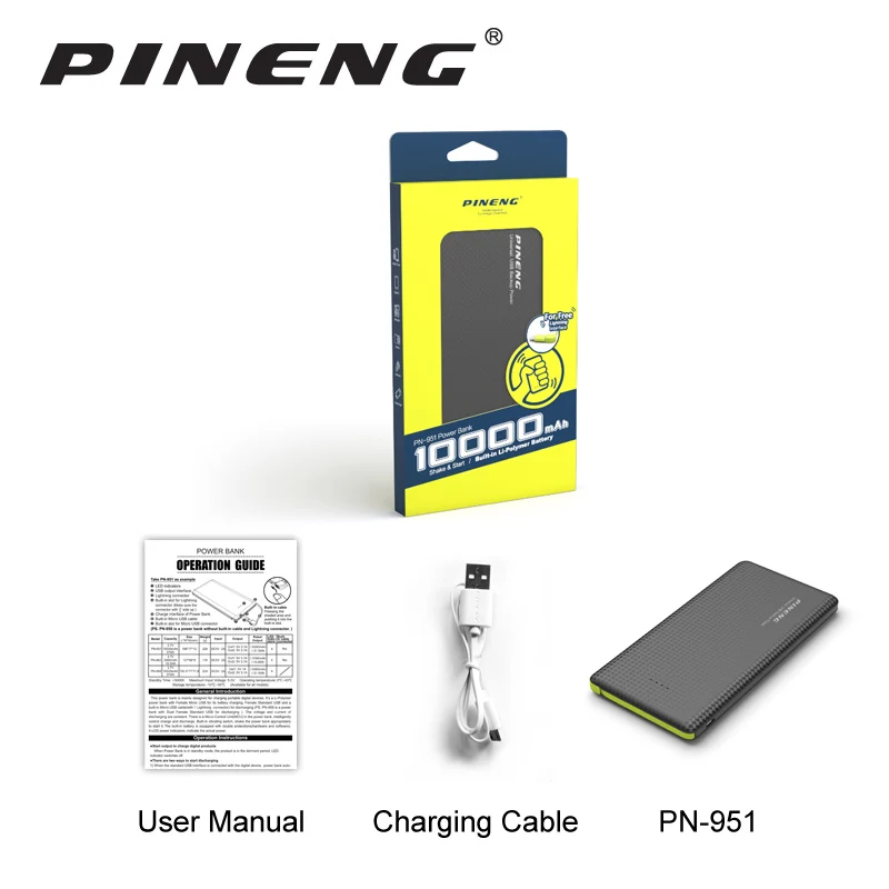 Оригинал Pineng power Bank 10000 мАч Внешняя батарея Pn 951 Портативное Мобильное быстрое