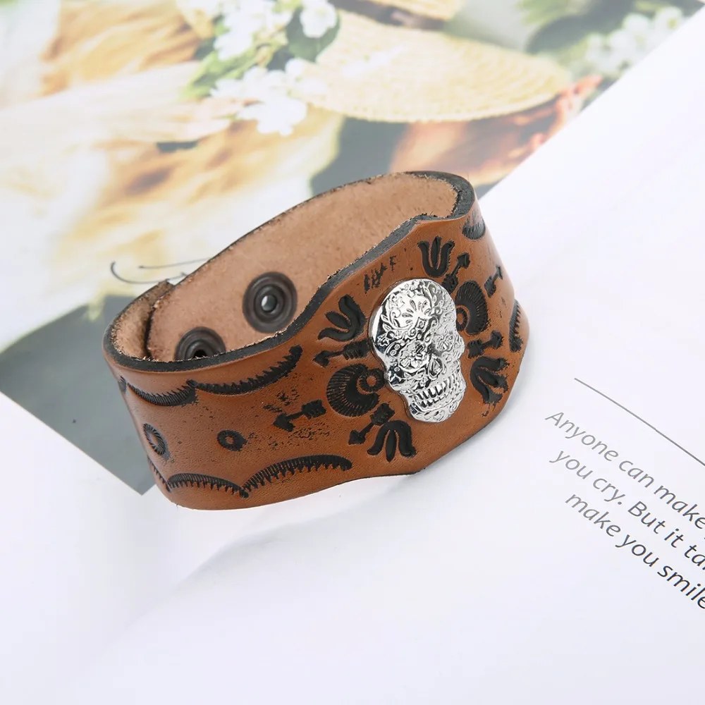 LOULEUR Black &amp Brown Punk Shantou Genuine Leather Bracelet Men Vintage Wide Cuff Bangles Adjustable Wristband Male Rock Jewelry |