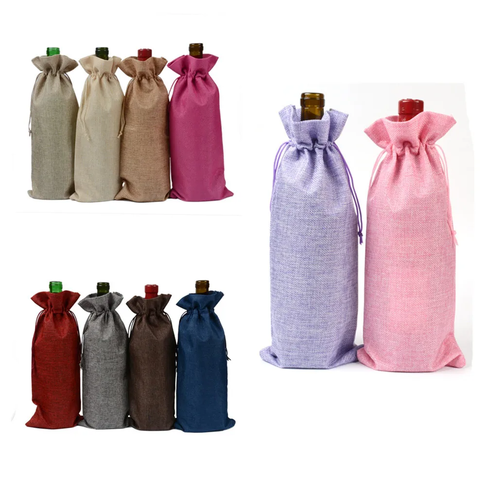 

Vintage Jute Burlap Wine Bottle Covers Bag Hessian Drawstring Wine Champagne Blind Gift Holder for Christmas Wedding Party Favor