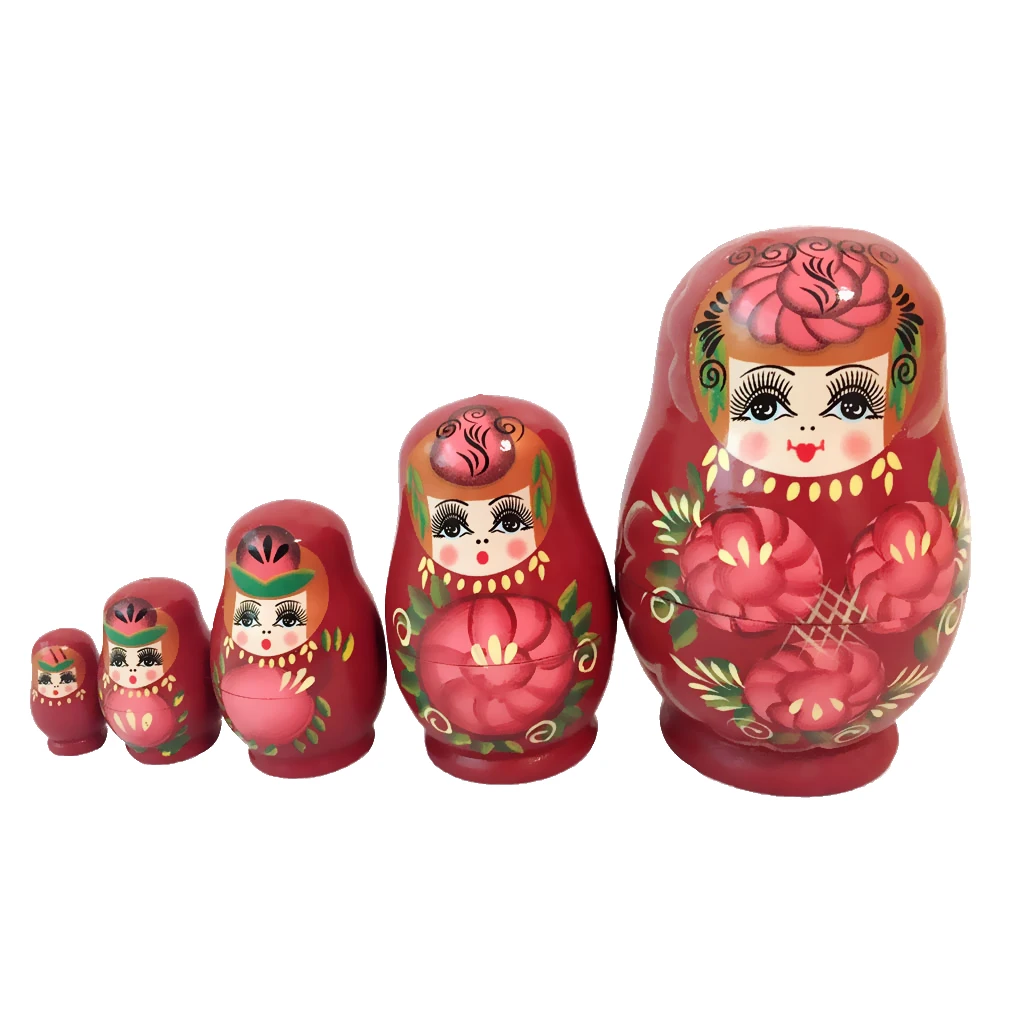 

New Wholesale 5PCS Red Hand Painted Wooden Russian Nesting Dolls Baby Interactive Toy Girl Doll Birthday Gift Collectibles