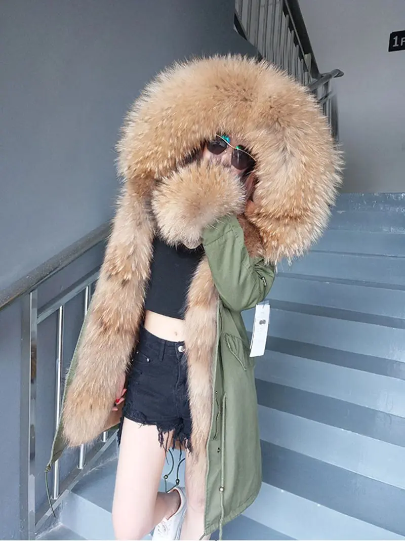 Womens Winter Jacket Women Coat Jackets Real Raccoon Fur Collar And Lining Parkas Vintage Warm Thick Army Green Black Long Parka | Женская