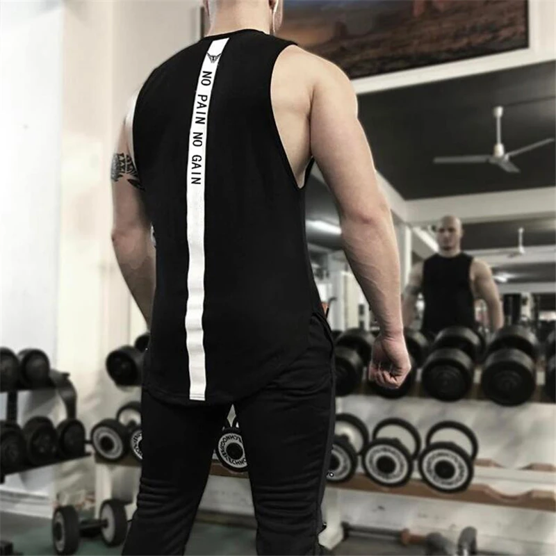

Brand Fitness Clothing Bodybuilding Stringer Tank Top Men Gyms Singlet NO PAIN NO GAIN printed cotton black Vest muscle tanks
