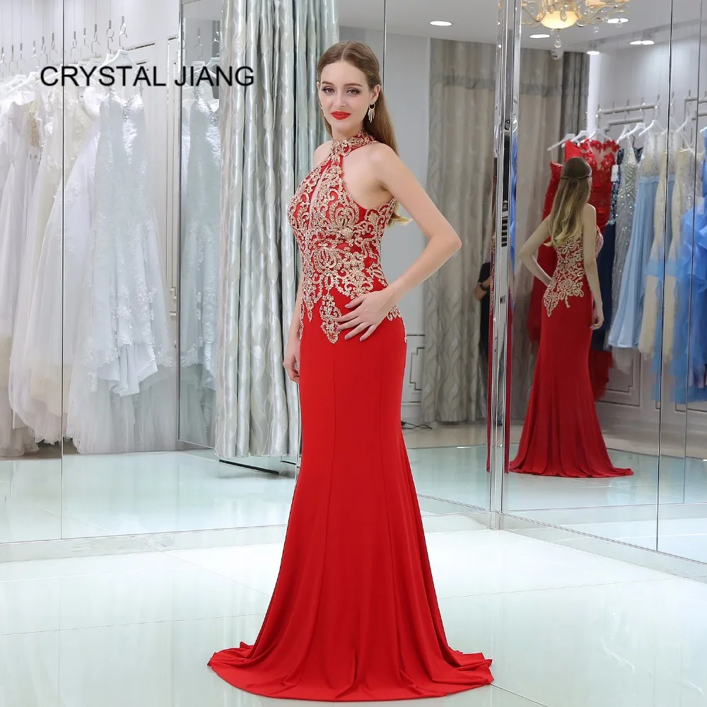 CRYSTAL JIANG 2018 Вечерние платья Длинные сексуальные Холтер Золото Кружева Аппликация