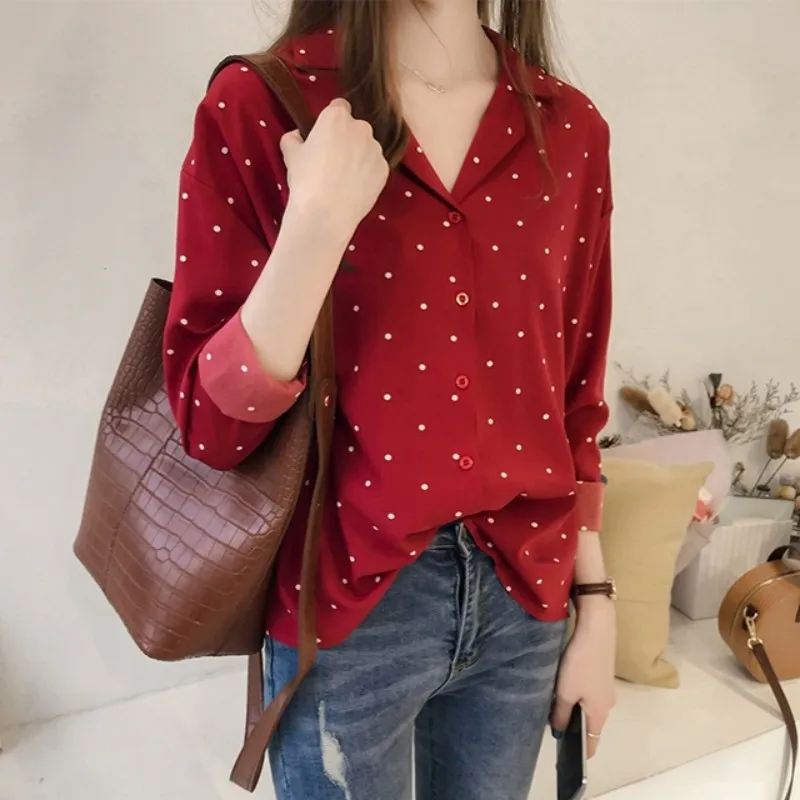 Рубашка женская шифоновая в горошек модная блуза с длинным рукавом свободная