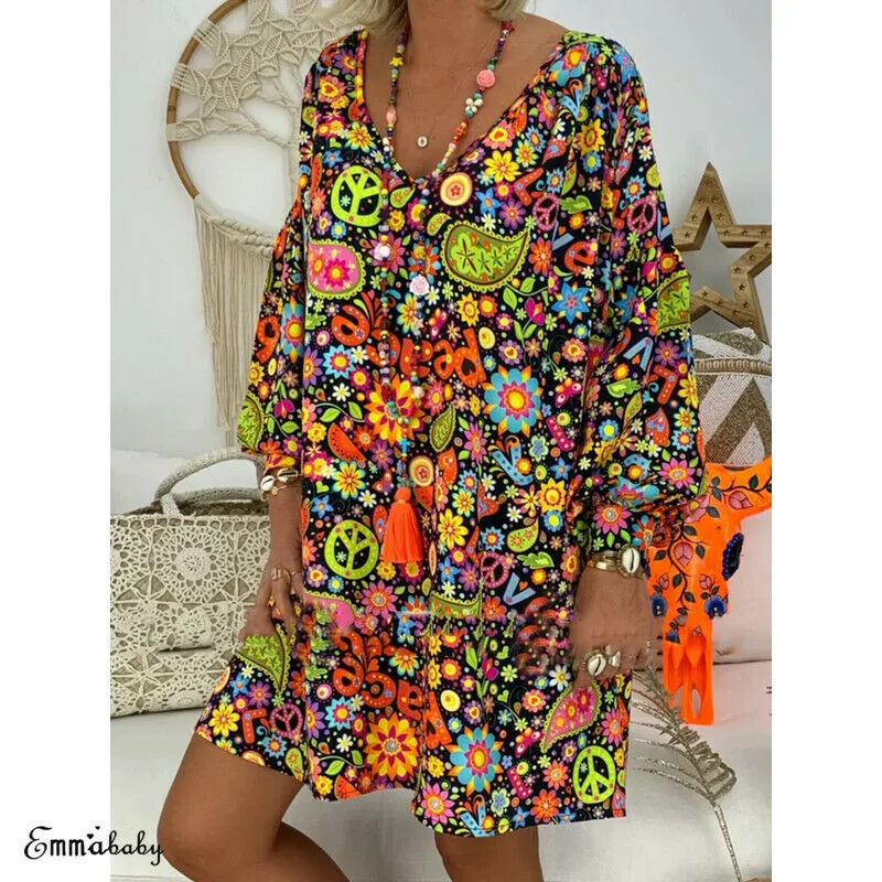 Women Long Sleeve V Neck Floral Mini Dress Kaftan Party Cocktail Baggy Sundress | Женская одежда