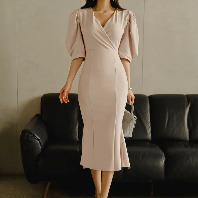 JSXDHK High Quality Office Ladies Puff Sleeve Dress Summer Women Bodycon Ruffles Midi Party Fashion Slim V Neck Vestidos | Женская