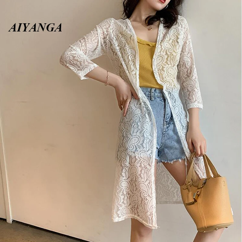 Fashion Woman Blouses 2019 Summer Long Kimono Cardigan Beach Cover-Up Blusas Women Embroidery Tops Sexy Lace Loose Shirt