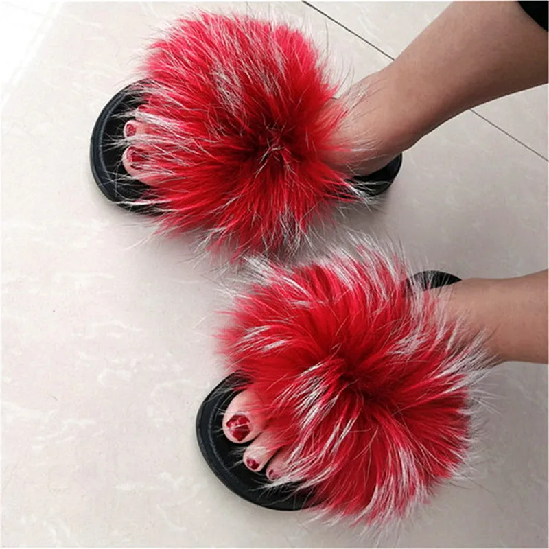 

Women's Fox Fur Fluffy Slippers Woman Slides Lovely Plush Real Fox Hair Slippers Colorful Furry Ladies Flip Flops Party Sandals