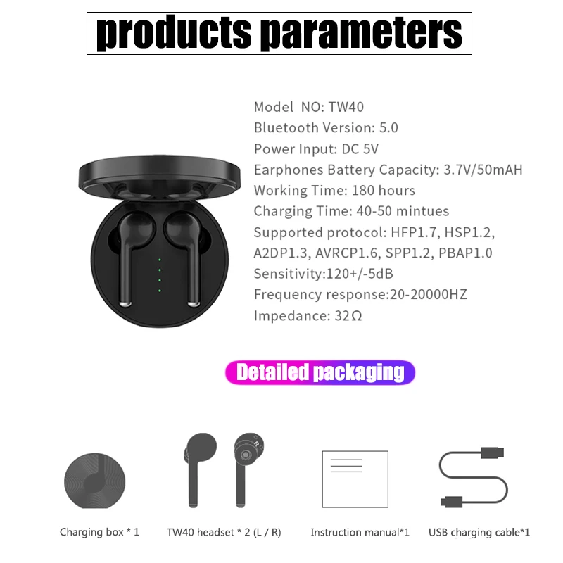 Bluetooth наушники TW40 TWS стерео беспроводные бас объемный двойной микрофон Smart touch 2019new